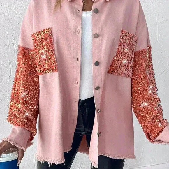 Baby Pink Party Women's Turn-Down Collar Contrast Sequin Raw Hem Button Shacket - Picture 4 of 5